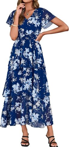 Simplee Women Floral Summer Maxi Dress Boho Flowy Ruffle Tiered Short Sleeves V Neck Long Wedding Guest Dresses in Saudi Arabia