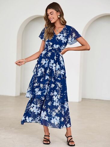 Simplee Women Floral Summer Maxi Dress Boho Flowy Ruffle Tiered Short Sleeves V Neck Long Wedding Guest Dresses in Saudi Arabia