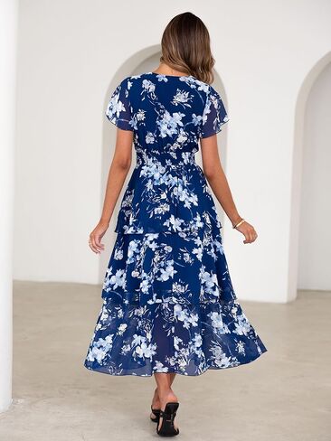 Simplee Women Floral Summer Maxi Dress Boho Flowy Ruffle Tiered Short Sleeves V Neck Long Wedding Guest Dresses in Saudi Arabia