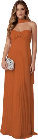 فستان Lanbaodress بدون حمالات شيفون للحفلات الراقصة للنساء طويل مطوي متدفق لوصيفة العروس زفاف ضيف ماكسي مع وشاح in Kuwait