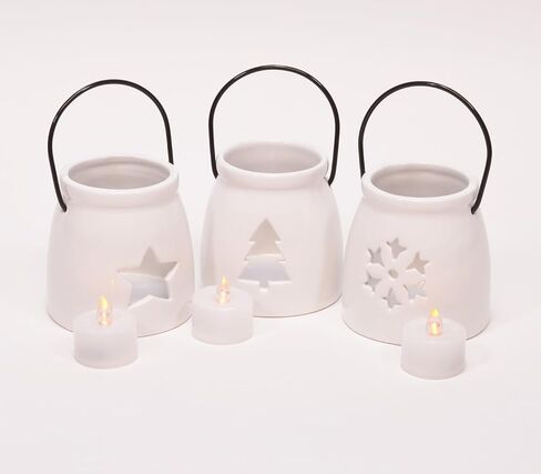 Ceramic Snowy White Winter Tea Light Holder Luminaries, Holiday Tabletop Decor, 6-Piece Set, with LEDs Included, with Tree, Star, and Snowflake Lanterns in Saudi Arabia