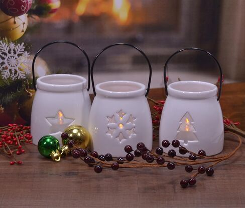 Ceramic Snowy White Winter Tea Light Holder Luminaries, Holiday Tabletop Decor, 6-Piece Set, with LEDs Included, with Tree, Star, and Snowflake Lanterns in Saudi Arabia