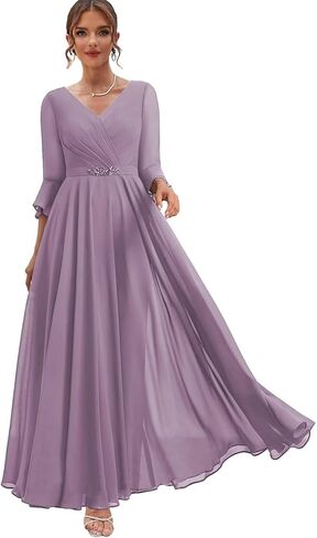 Chiffon Mother of The Bride Dresses for Women V Neck Formal Dress with Sleeves Beaded Evening Gown in Saudi Arabia