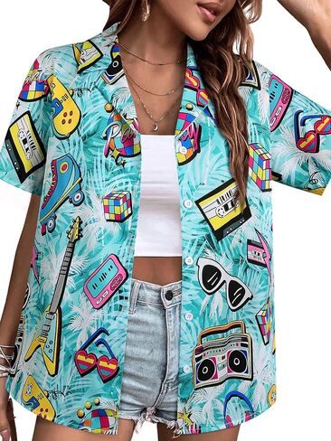MYMORE 80s 90s Outfits for Women Retro 80's Print Short Sleeve Button Down Shirt Disco Party Hawaiian Shirts in Saudi Arabia