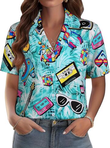 MYMORE 80s 90s Outfits for Women Retro 80's Print Short Sleeve Button Down Shirt Disco Party Hawaiian Shirts in Saudi Arabia