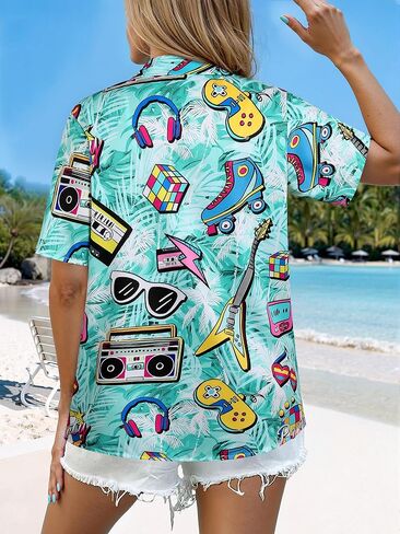 MYMORE 80s 90s Outfits for Women Retro 80's Print Short Sleeve Button Down Shirt Disco Party Hawaiian Shirts in Saudi Arabia