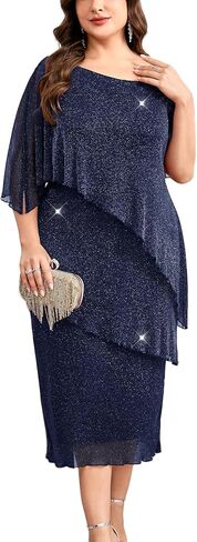 CYCLAMEN Plus Size Mother of The Bride Dress Sparkly Mesh Cape Sleeve Tiered Midi Dresses Wedding Guest Cocktail Party in Saudi Arabia