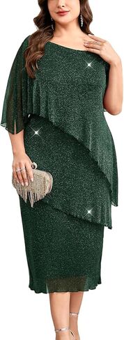 CYCLAMEN Plus Size Mother of The Bride Dress Sparkly Mesh Cape Sleeve Tiered Midi Dresses Wedding Guest Cocktail Party in Saudi Arabia