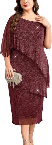 CYCLAMEN Plus Size Mother of The Bride Dress Sparkly Mesh Cape Sleeve Tiered Midi Dresses Wedding Guest Cocktail Party in Saudi Arabia