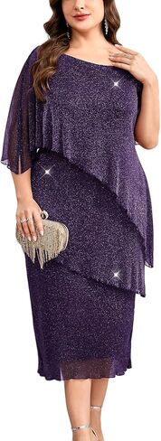 CYCLAMEN Plus Size Mother of The Bride Dress Sparkly Mesh Cape Sleeve Tiered Midi Dresses Wedding Guest Cocktail Party in Saudi Arabia