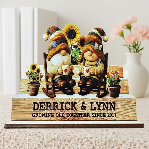 FAMITRENDZ Personalized Growing Old Together Gnome Plaque, Custom Name Gnome Couple Figurines Standing Wooden Plaque, Older Couple Sign, Christmas Anniversary Wedding Gift for Couples, Grandparents 3 in Saudi Arabia