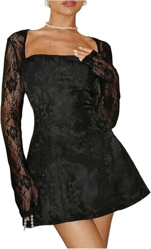 Floerns Women's Elegant Lace Long Sleeve Mini Dress Tie Open Back A Line Wedding Guest Dresses in Saudi Arabia