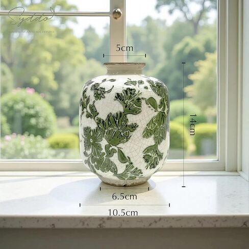 SYDDOL 5.5" Vintage Ceramic Vase, Rustic French Country Style with Crackle Glaze, Handcrafted Green Floral Pattern, Small Decorative Vase for Home, Table Centerpieces, Living Room, Shelf & Mantel in Saudi Arabia