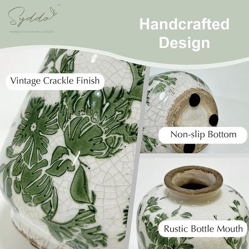 SYDDOL 5.5" Vintage Ceramic Vase, Rustic French Country Style with Crackle Glaze, Handcrafted Green Floral Pattern, Small Decorative Vase for Home, Table Centerpieces, Living Room, Shelf & Mantel in Saudi Arabia