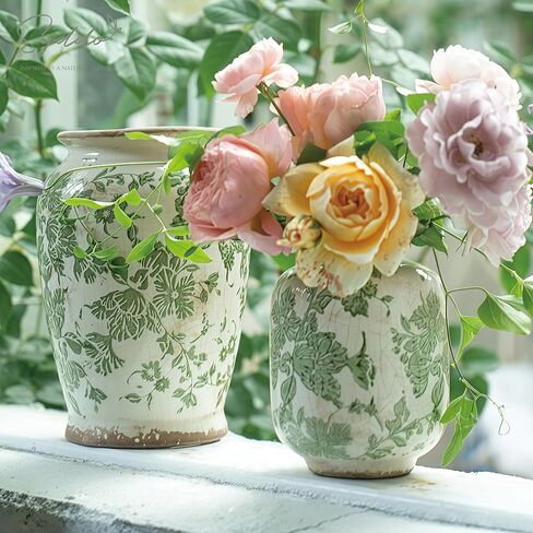 SYDDOL 5.5" Vintage Ceramic Vase, Rustic French Country Style with Crackle Glaze, Handcrafted Green Floral Pattern, Small Decorative Vase for Home, Table Centerpieces, Living Room, Shelf & Mantel in Saudi Arabia
