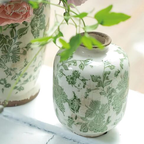 SYDDOL 5.5" Vintage Ceramic Vase, Rustic French Country Style with Crackle Glaze, Handcrafted Green Floral Pattern, Small Decorative Vase for Home, Table Centerpieces, Living Room, Shelf & Mantel in Saudi Arabia