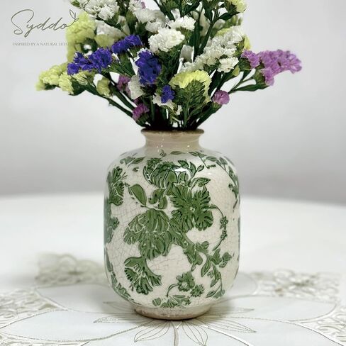 SYDDOL 5.5" Vintage Ceramic Vase, Rustic French Country Style with Crackle Glaze, Handcrafted Green Floral Pattern, Small Decorative Vase for Home, Table Centerpieces, Living Room, Shelf & Mantel in Saudi Arabia
