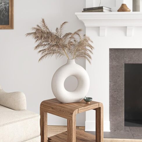 GarDream Cream White Donut Vase 9 Inch Hollow Ceramic Vase for Flowers Pampas Grass Home Decor, Modern Minimalist Boho Style Decorative Circle Vase for Living Room, Dining Tabletop, Office, Farmhouse in Saudi Arabia