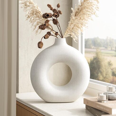 GarDream Cream White Donut Vase 9 Inch Hollow Ceramic Vase for Flowers Pampas Grass Home Decor, Modern Minimalist Boho Style Decorative Circle Vase for Living Room, Dining Tabletop, Office, Farmhouse in Saudi Arabia