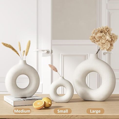 GarDream Cream White Donut Vase 9 Inch Hollow Ceramic Vase for Flowers Pampas Grass Home Decor, Modern Minimalist Boho Style Decorative Circle Vase for Living Room, Dining Tabletop, Office, Farmhouse in Saudi Arabia