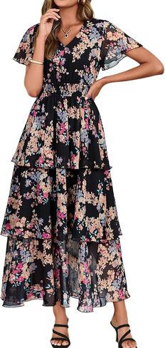 Simplee Women Floral Summer Maxi Dress Boho Flowy Ruffle Tiered Short Sleeves V Neck Long Wedding Guest Dresses in Saudi Arabia