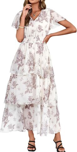 Simplee Women Floral Summer Maxi Dress Boho Flowy Ruffle Tiered Short Sleeves V Neck Long Wedding Guest Dresses in Saudi Arabia