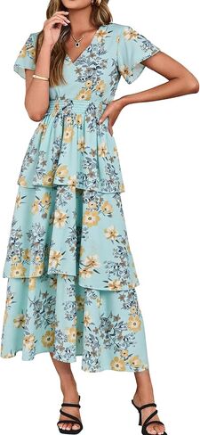 Simplee Women Floral Summer Maxi Dress Boho Flowy Ruffle Tiered Short Sleeves V Neck Long Wedding Guest Dresses in Saudi Arabia