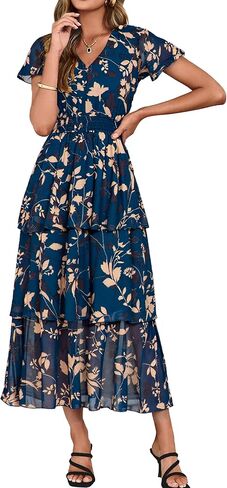 Simplee Women Floral Summer Maxi Dress Boho Flowy Ruffle Tiered Short Sleeves V Neck Long Wedding Guest Dresses in Saudi Arabia
