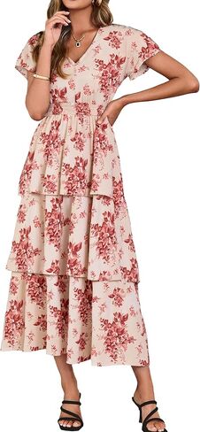 Simplee Women Floral Summer Maxi Dress Boho Flowy Ruffle Tiered Short Sleeves V Neck Long Wedding Guest Dresses in Saudi Arabia