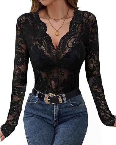METWAY المرأة الدانتيل كم طويل قميص بقماش شفاف قميص داخلي مثير الأزهار انظر من خلال الخامس الرقبة الدانتيل طبقات تي شيرت in Kuwait