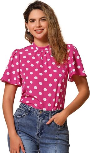 Allegra K Women's Polka Dots Blouse Stand Collar Pleat Keyhole Back Short Flare Sleeve Tops in Saudi Arabia