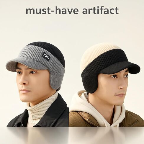 Knitted Hat for Men Women Elastic Fleece Lined Beanies Winter Windproof Warm Beanie with Brim and Ear Flaps in Saudi Arabia