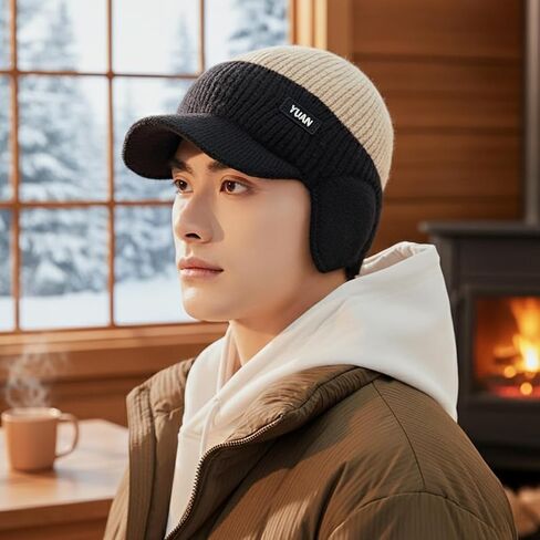 Knitted Hat for Men Women Elastic Fleece Lined Beanies Winter Windproof Warm Beanie with Brim and Ear Flaps in Saudi Arabia
