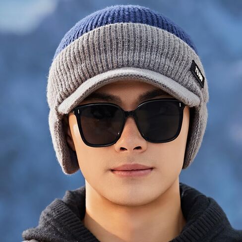 Knitted Hat for Men Women Elastic Fleece Lined Beanies Winter Windproof Warm Beanie with Brim and Ear Flaps in Saudi Arabia