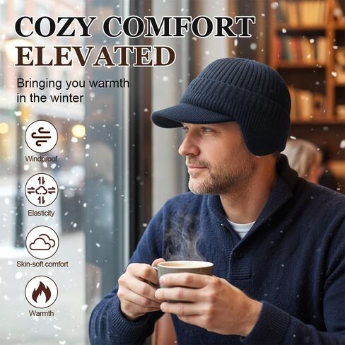 Knitted Hat for Men Women Elastic Fleece Lined Beanies Winter Windproof Warm Beanie with Brim and Ear Flaps in Saudi Arabia