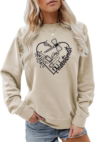 MVXIEVE Womens Phlebotomy Sweatshirt Cute Letter Graphic Shirts Long Sleeve Crew Neck Pullover Tops Phlebotomist Gifts in Saudi Arabia