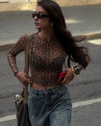 Women's Elegant Sexy Leopard Print Mesh Slim Fit Blouse, Suitable for Casual Wear Turtleneck Long Sleeve Casual Women Tops in Saudi Arabia