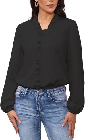 Ruffled Tops for Women V Neck Long Sleeve Shirt Comfort Business Casual Blouses Office Work Shirts in Saudi Arabia