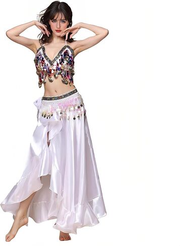 Women's 3-Piece Outfit Belly Dance Costume Set Belly Dance Bra Top Coins Belt and Chiffon Split Skirt in Kuwait