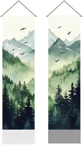 AHANDMAKER Pack of 2 Natural Scenery Tapestries, Mountain Forest Pattern Misty Foggy Vertical Chinese Doorway Curtain Tassel Tapestry Wall Hanging for Bedroom Living Room Home, 13 x 51 Inch in Saudi Arabia