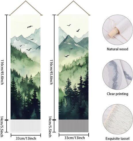 AHANDMAKER Pack of 2 Natural Scenery Tapestries, Mountain Forest Pattern Misty Foggy Vertical Chinese Doorway Curtain Tassel Tapestry Wall Hanging for Bedroom Living Room Home, 13 x 51 Inch in Saudi Arabia