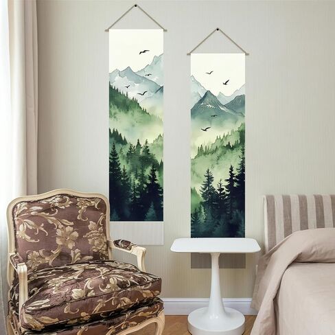 AHANDMAKER Pack of 2 Natural Scenery Tapestries, Mountain Forest Pattern Misty Foggy Vertical Chinese Doorway Curtain Tassel Tapestry Wall Hanging for Bedroom Living Room Home, 13 x 51 Inch in Saudi Arabia