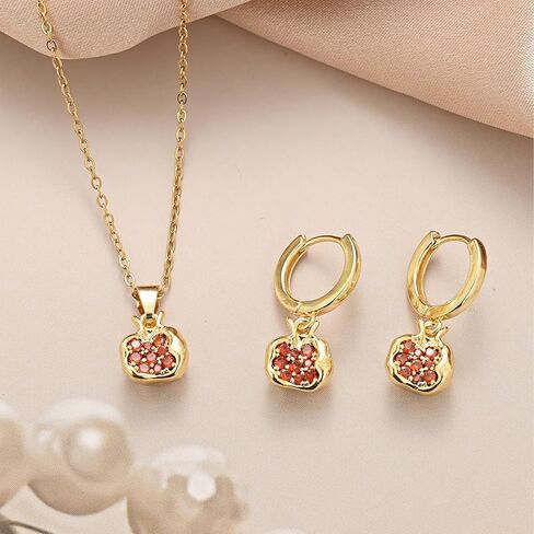 KOFISNI Pomegranate Earrings Pomegranate Necklace for Women 18K Gold Plated Red Pomegranate Rhinestone Pendant Necklace Hoop Earrings Jewelry Set in Saudi Arabia
