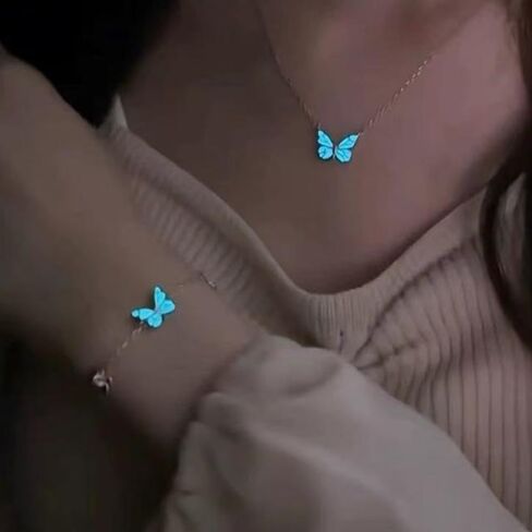 1set Blue Glow-in-the-dark Butterfly Necklace and Bracelet Set Luminous Bracelet 16+5cm,Necklace 40+5cm Fashion Jewelry in Saudi Arabia