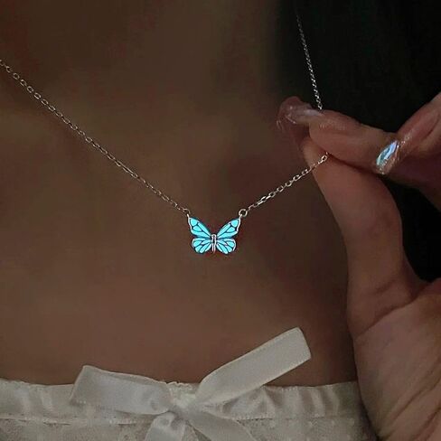 1set Blue Glow-in-the-dark Butterfly Necklace and Bracelet Set Luminous Bracelet 16+5cm,Necklace 40+5cm Fashion Jewelry in Saudi Arabia