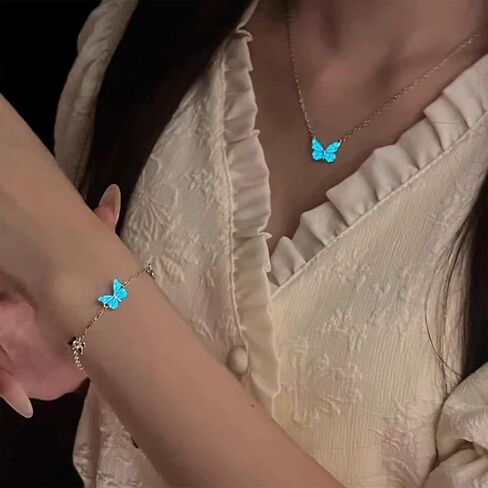 1set Blue Glow-in-the-dark Butterfly Necklace and Bracelet Set Luminous Bracelet 16+5cm,Necklace 40+5cm Fashion Jewelry in Saudi Arabia