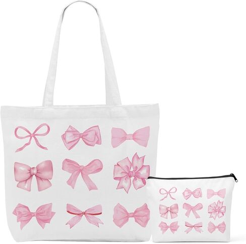 مجموعة حقائب حمل قماشية ذات أقواس مربعة باللون الوردي، هدايا Preppy Stuff للفتيات، حقائب تسوق بقالة قابلة لإعادة الاستخدام لأعياد الميلاد in Kuwait