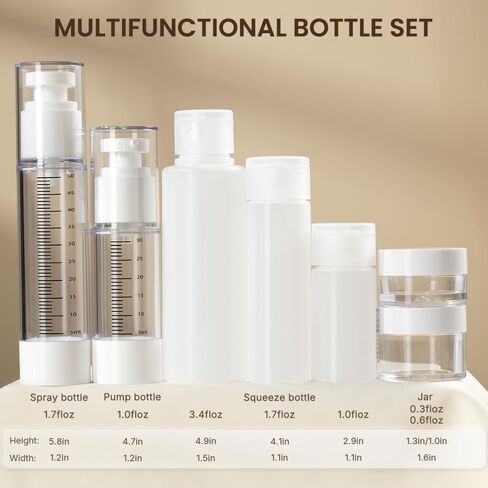 7 Pcs Travel Bottles Kits, TSA Approved Leak Proof Toiletry Container Set, Graduated Vaccumn atomizer and Lotion Bottle, Squeeze Bottle, Transparent Cream Jar, for Shampoo Lotion Cream Cosmetic in Saudi Arabia