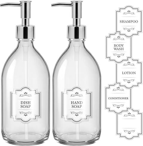Homepicker 16 oz Clear Glass Soap Dispenser with Plastic Silver Pump, Glass Pump Bottle for Lotion Body Oil, 500ml Hand and Dish Soap Dispensers Set with Labels - 2 Pack in Saudi Arabia