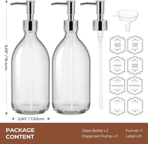 Homepicker 16 oz Clear Glass Soap Dispenser with Plastic Silver Pump, Glass Pump Bottle for Lotion Body Oil, 500ml Hand and Dish Soap Dispensers Set with Labels - 2 Pack in Saudi Arabia
